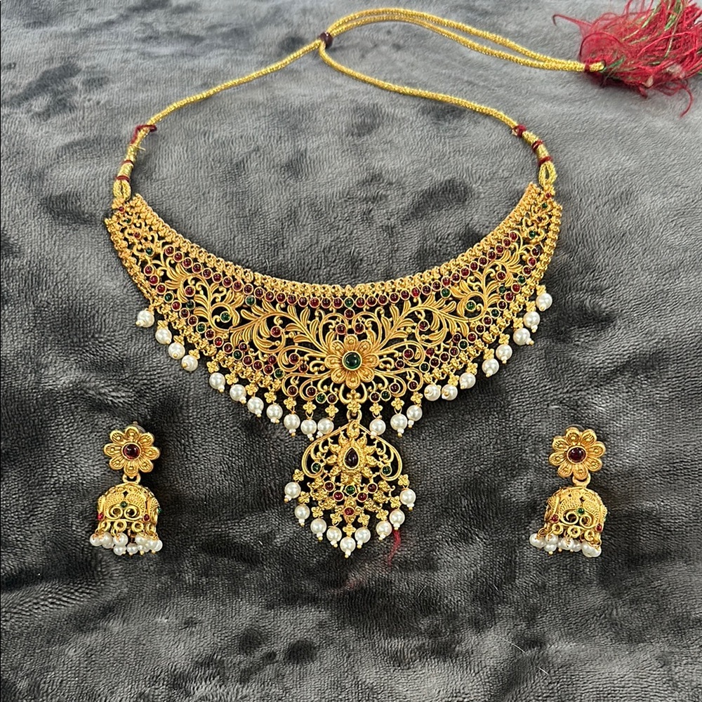 Choker Traditional Necklace Earring Set Matt Gold finish Multicolor South Indian